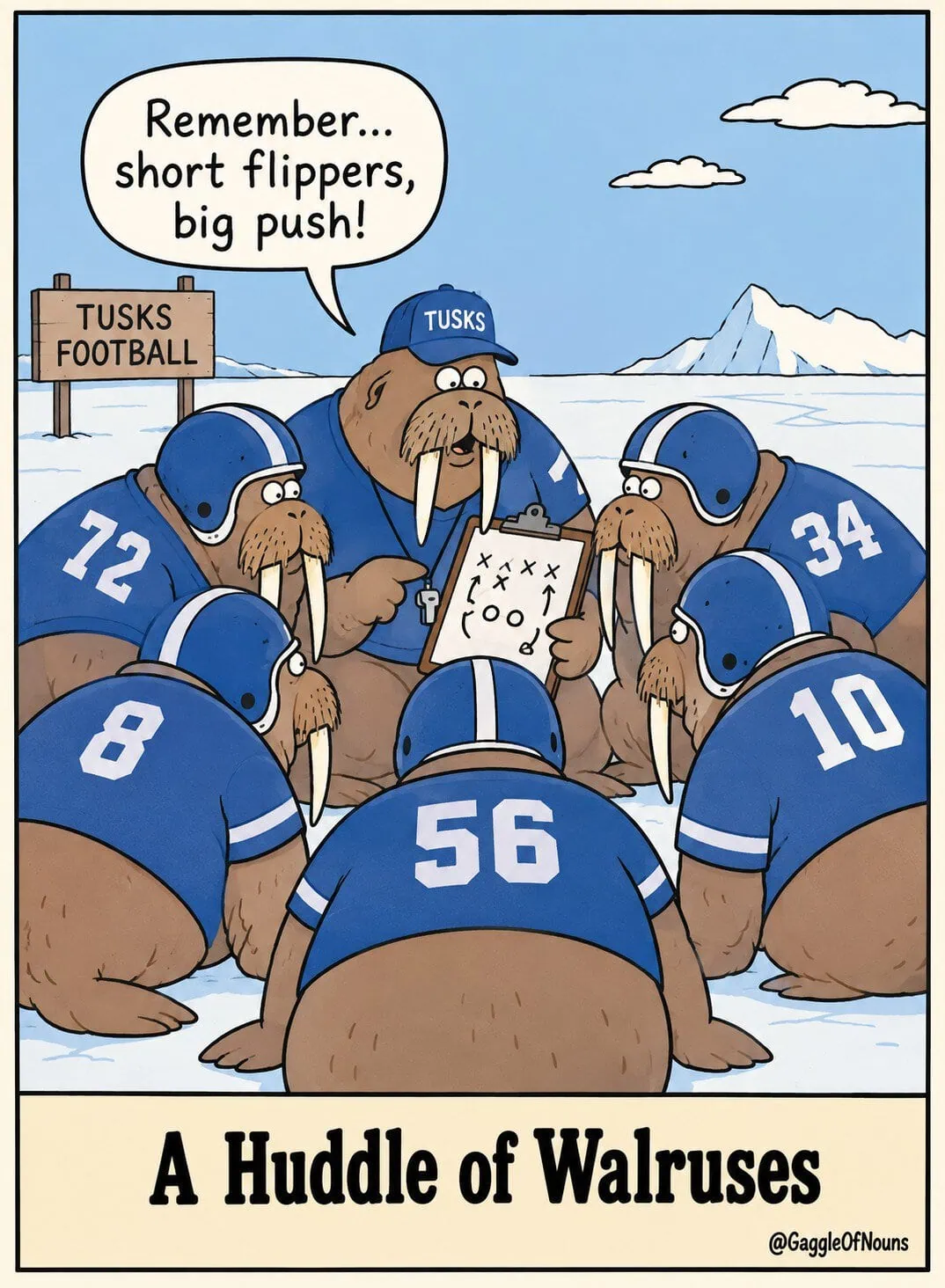 A huddle of walruses dressed as football players gathering around their coach on an icy football field.