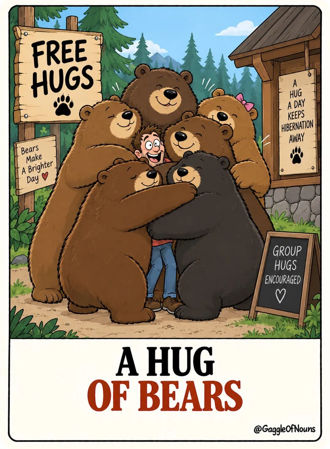 A cartoon hug of bears enthusiastically surrounding a nervous man in a giant group hug beside a free hugs sign.