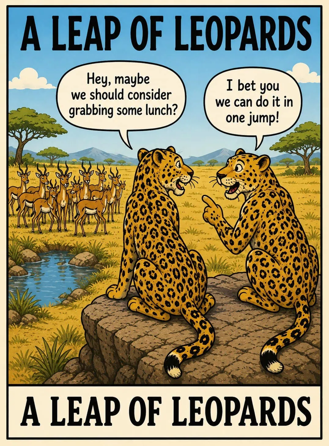 Two leopards watch a herd of gazelles and joke about grabbing lunch in one jump.