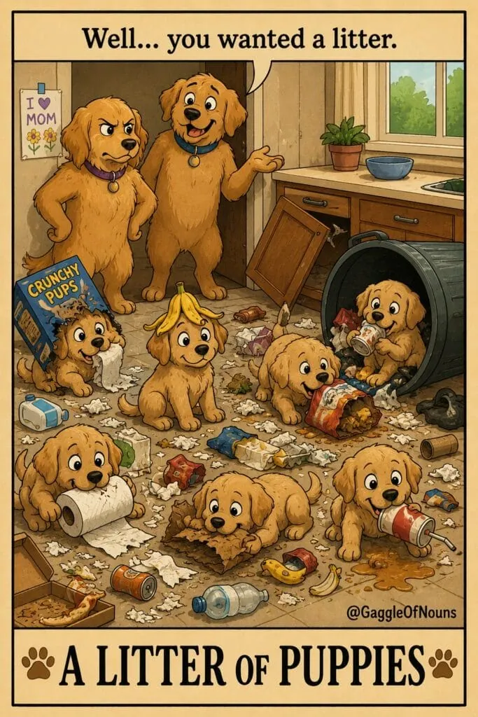 A litter of mischievous Golden Retriever puppies makes a huge mess with trash across the kitchen floor.
