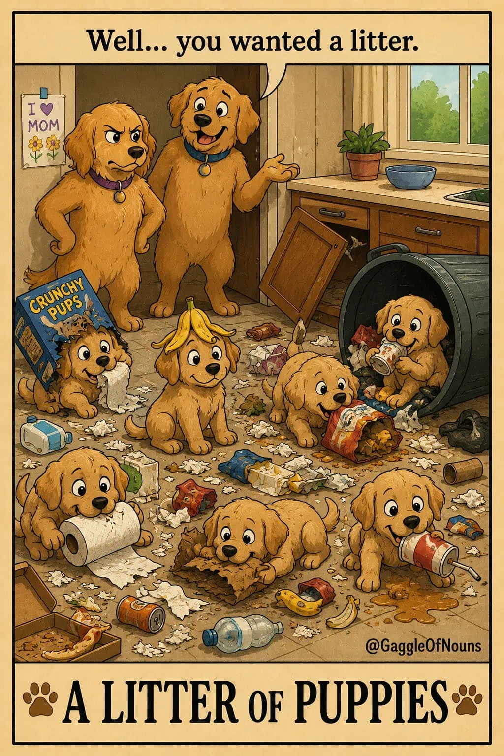 A litter of mischievous Golden Retriever puppies makes a huge mess with trash across the kitchen floor.