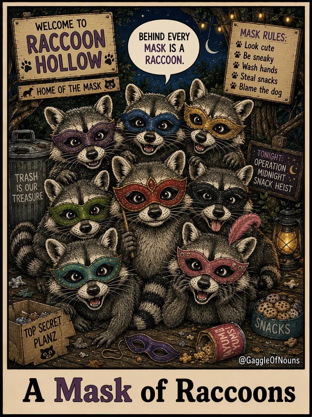 A mask of raccoons wearing colorful masquerade masks while planning a midnight snack heist.