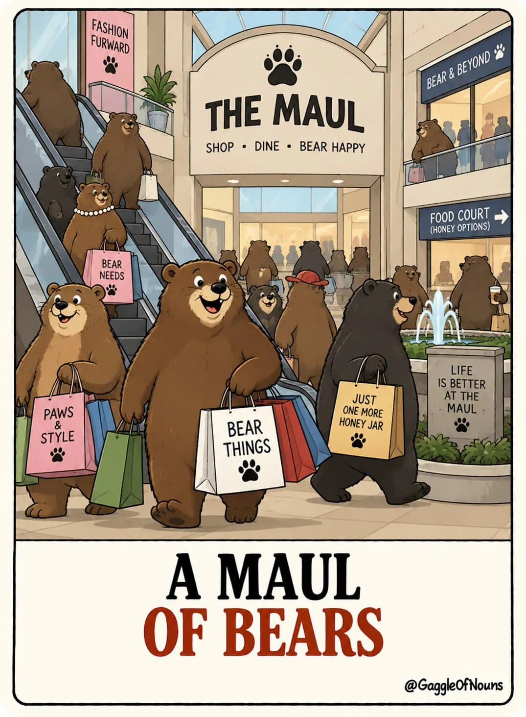 A cartoon maul of bears shopping at a busy shopping mall called The Maul, carrying bags and riding escalators.