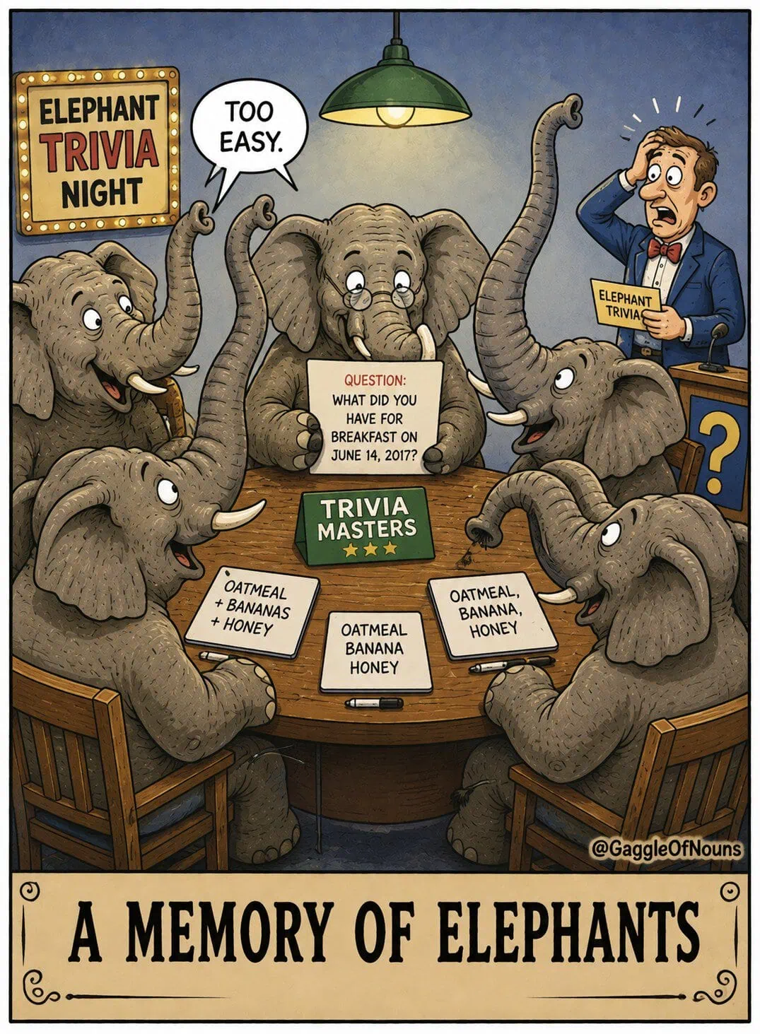 A Memory of Elephants cartoon showing elephants dominating a trivia game by remembering exactly what they ate for breakfast years ago.