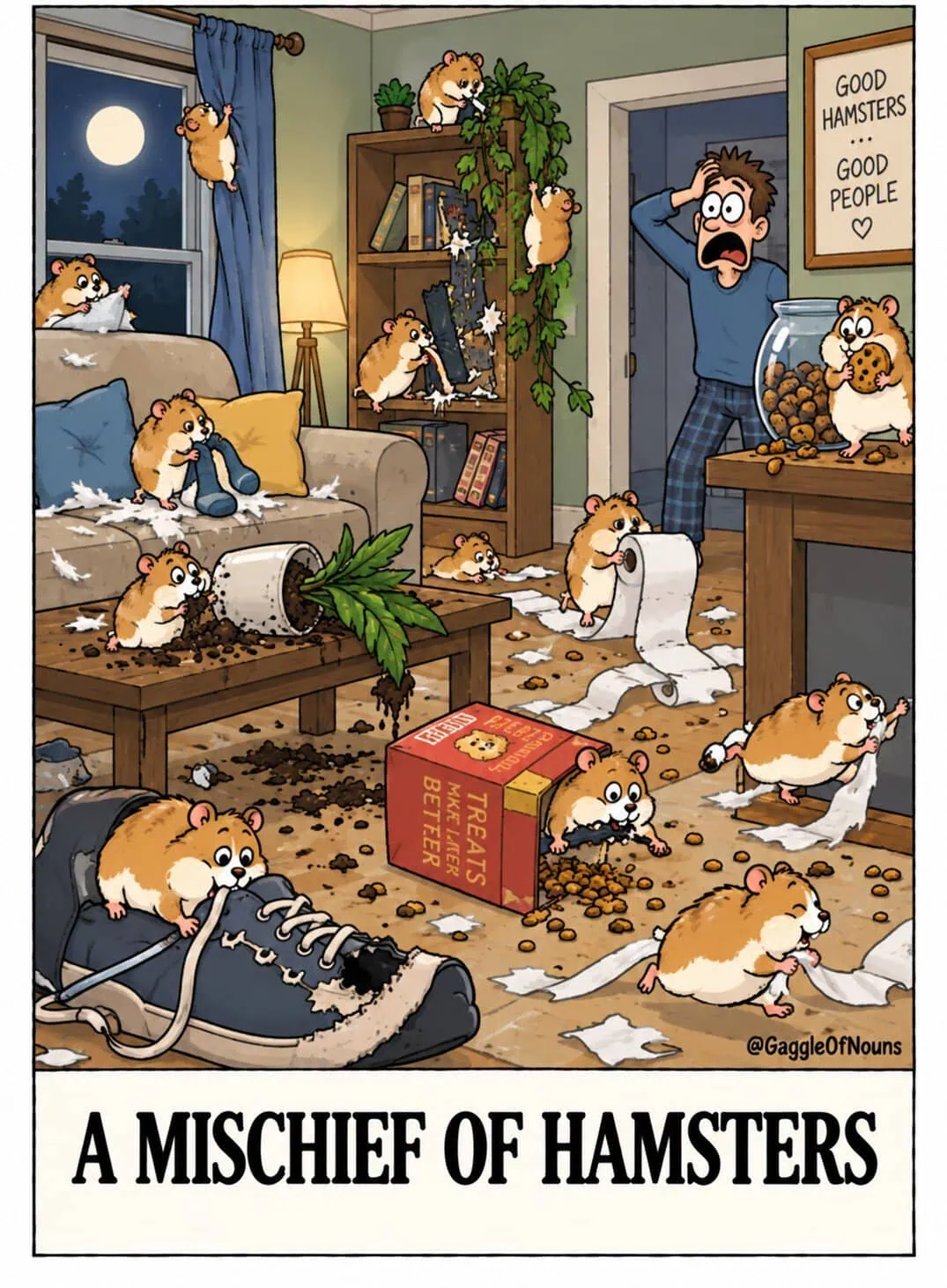 A Mischief of Hamsters cartoon showing hamsters causing chaos throughout a living room while their horrified owner discovers the mess.