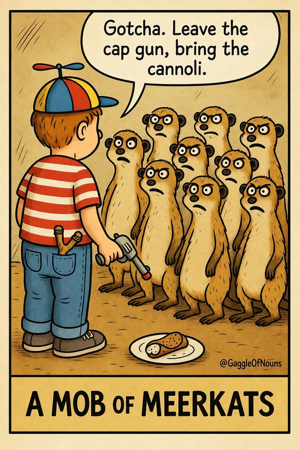 Cartoon of a boy facing a mob of meerkats with a cannoli on the ground, illustrating the collective noun “A Mob of Meerkats.”