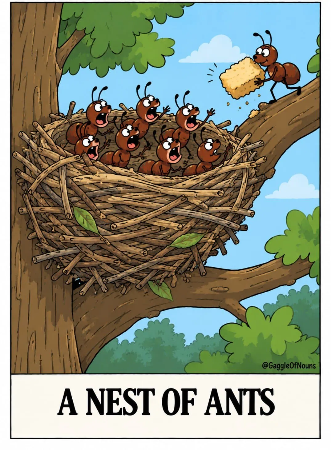 A Nest of Ants cartoon showing hungry ants sitting in a giant bird nest while another ant arrives carrying a large crumb.