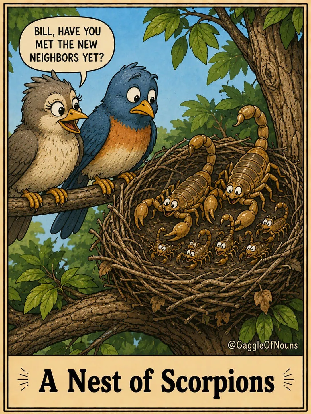 A nest of scorpions living in a tree while two surprised birds discover their new neighbors.