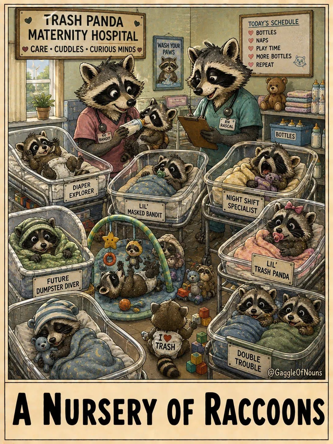 A nursery of raccoons cartoon showing baby raccoons being cared for by raccoon nurses in a hospital nursery.