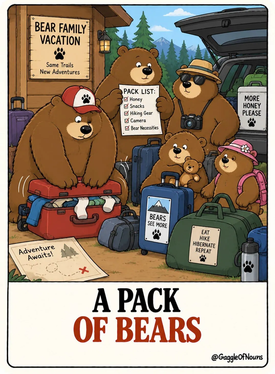 A cartoon pack of bears packing an SUV for a family vacation with suitcases, hiking gear, snacks and plenty of honey.
