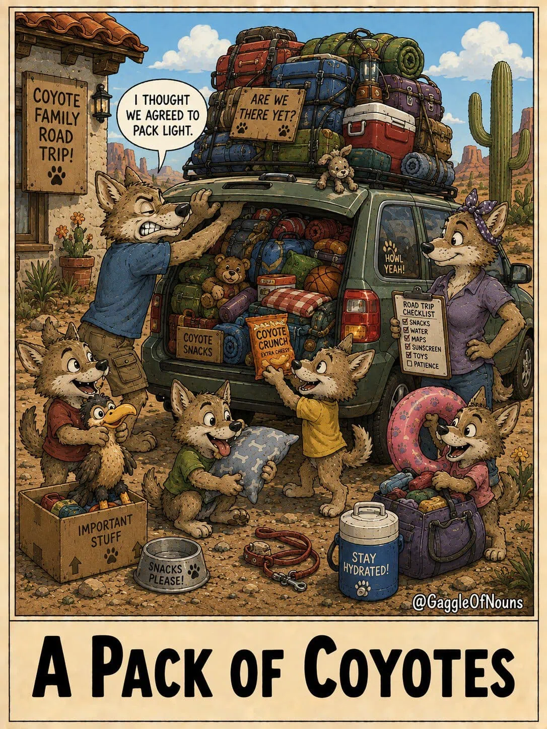 A pack of coyotes cartoon showing a coyote family packing an overloaded SUV for a desert road trip.