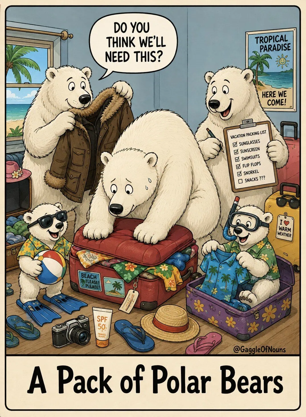 Cartoon polar bears packing for a tropical vacation, illustrating a pack of polar bears.