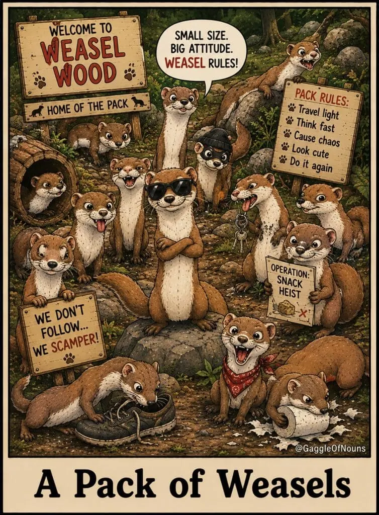 A mischievous pack of weasels plotting a snack heist together in the woods.