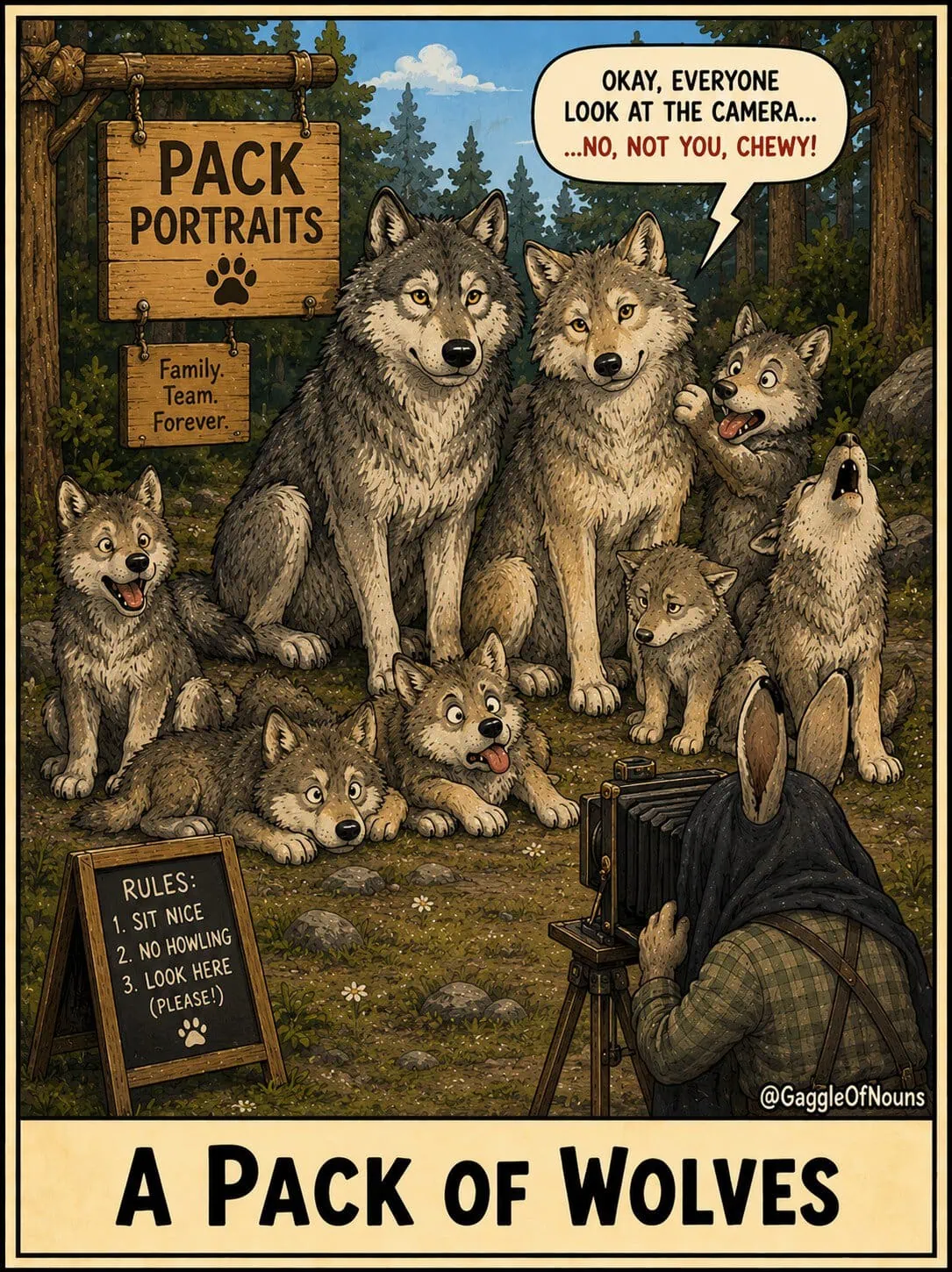 Cartoon illustration of a wolf family posing for a formal family portrait while a rabbit photographer attempts to photograph the entire pack.