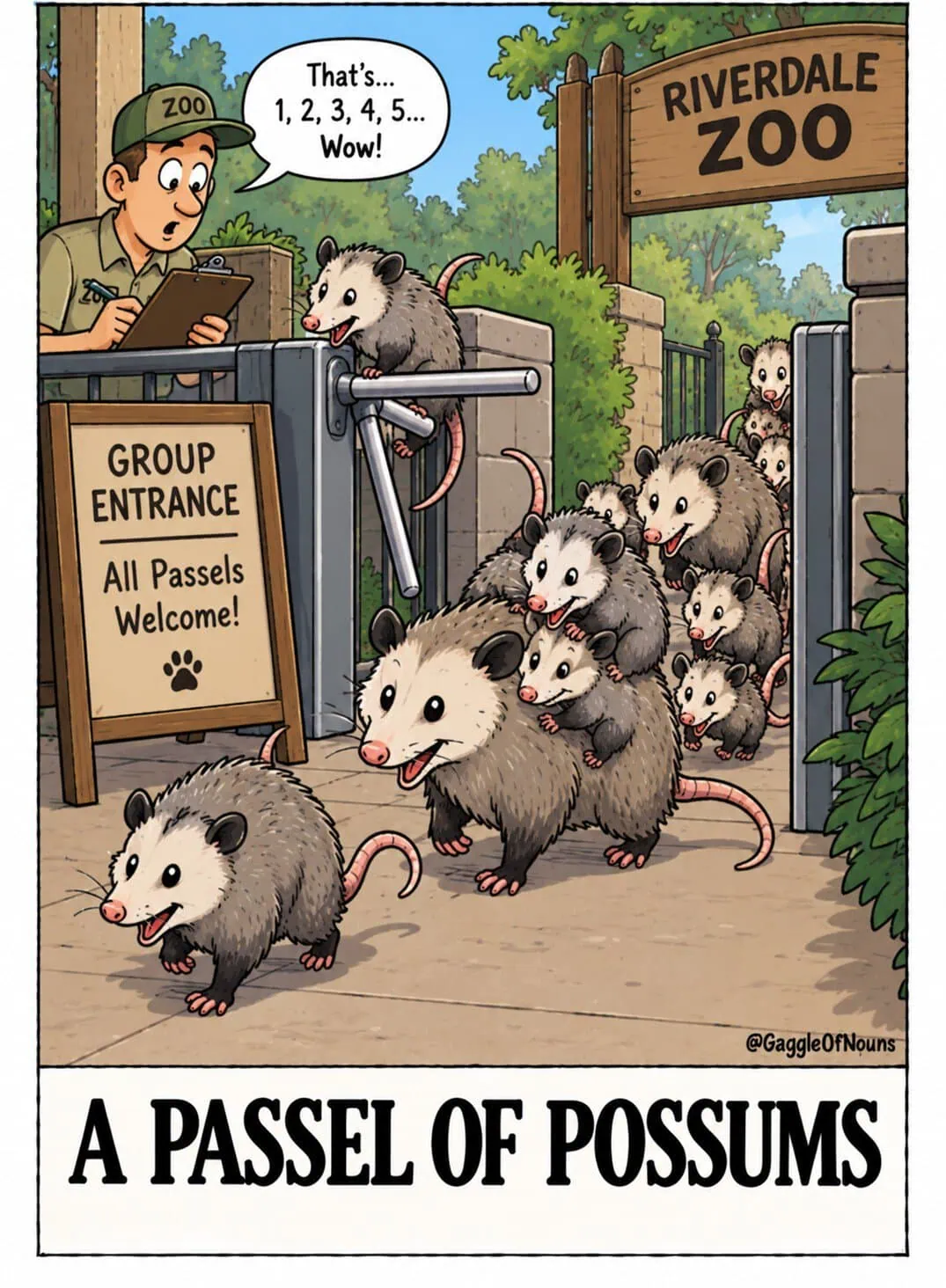 A Passel of Possums cartoon showing a large group of possums streaming through a zoo entrance while a surprised zookeeper attempts to count them.