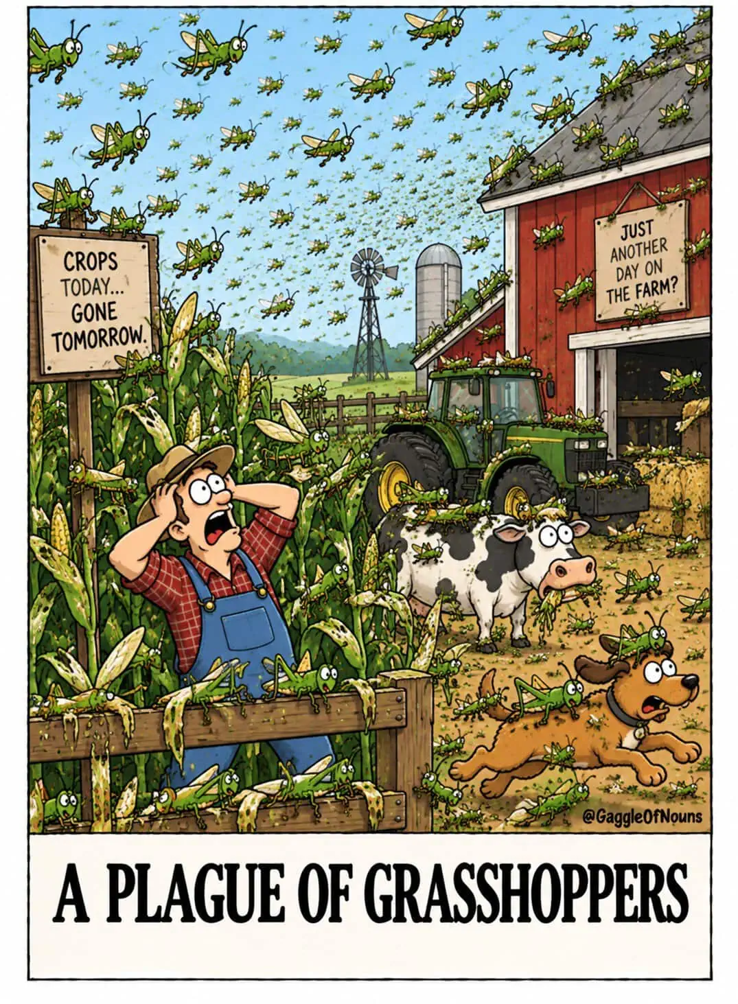 A Plague of Grasshoppers cartoon showing a farm completely overrun by grasshoppers as a horrified farmer, cow, and dog react to the invasion.