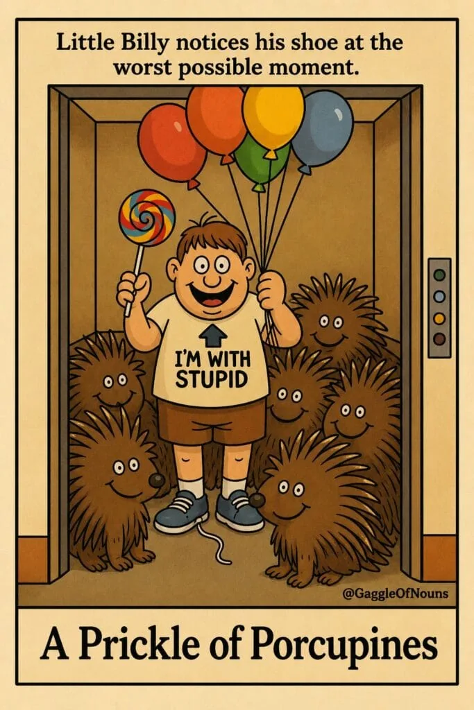 Little Billy stands in an elevator surrounded by porcupines just as he notices his untied shoelace.