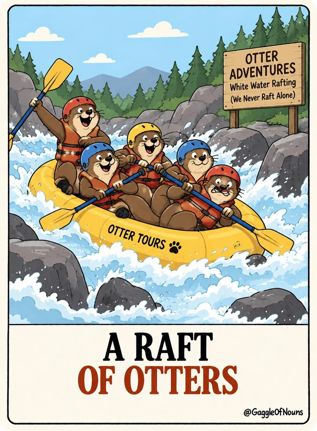 A cartoon raft of otters wearing helmets and life jackets while white-water rafting through rough river rapids.