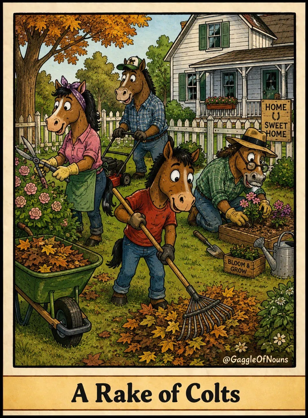 Cartoon colt raking autumn leaves while a horse family works together in the garden.