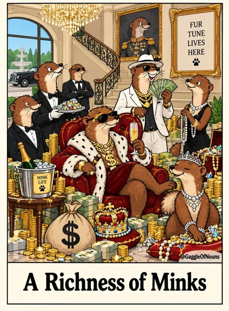Cartoon of a richness of minks surrounded by gold, diamonds, jewelry, cash, and extravagant luxury.