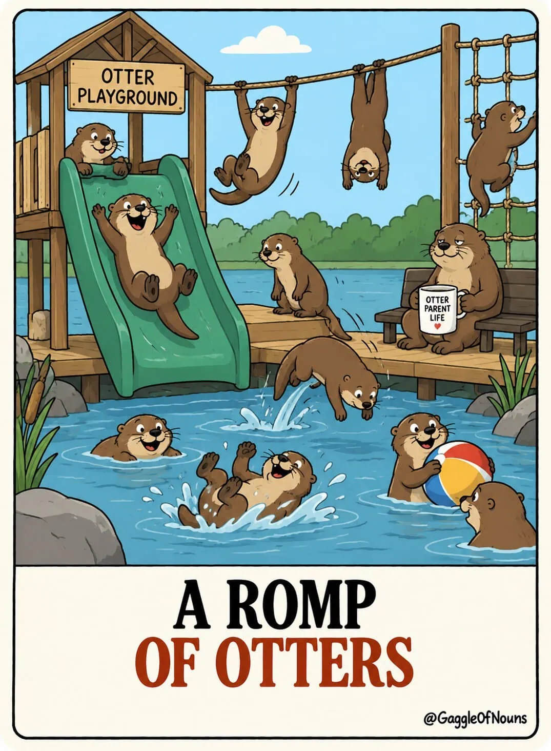 A cartoon romp of otters playing wildly at a waterside playground while an exhausted parent otter watches from a bench.