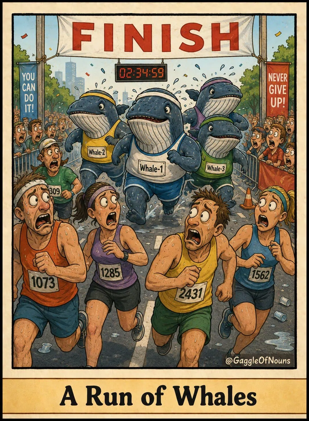 Cartoon whales wearing running gear racing toward a finish line behind terrified human runners.
