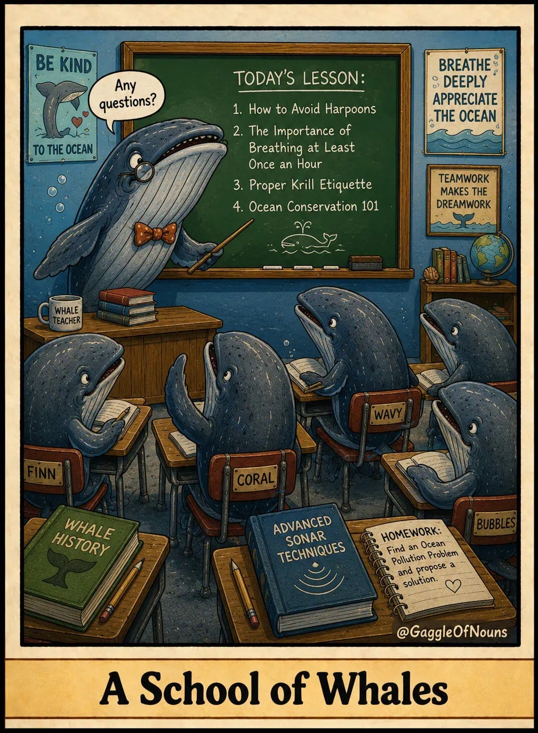 Cartoon whale teacher giving a lesson to whale students seated in an underwater classroom.