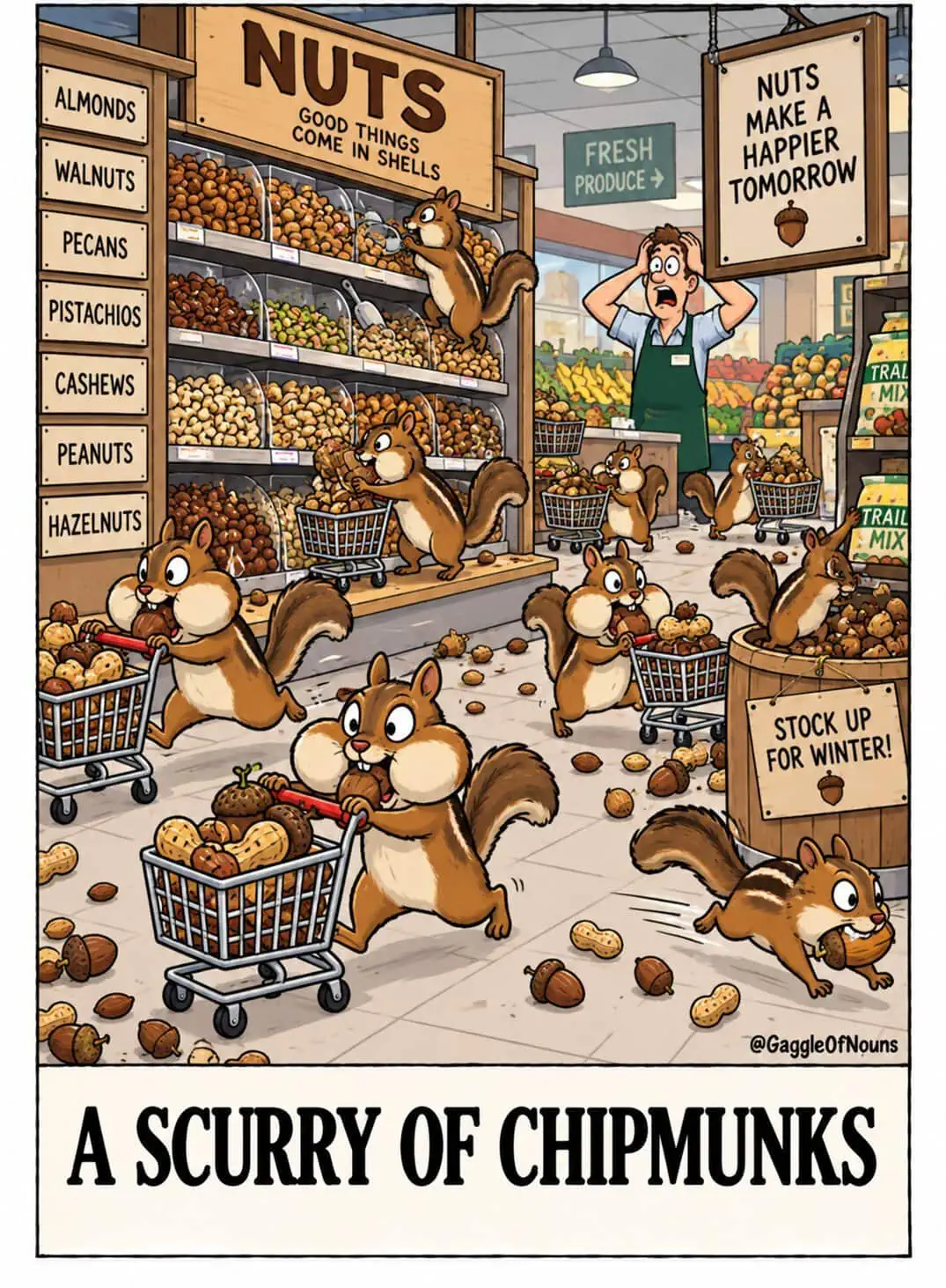 A Scurry of Chipmunks cartoon showing chipmunks racing through a grocery store with tiny shopping carts overflowing with nuts and their cheeks stuffed full.