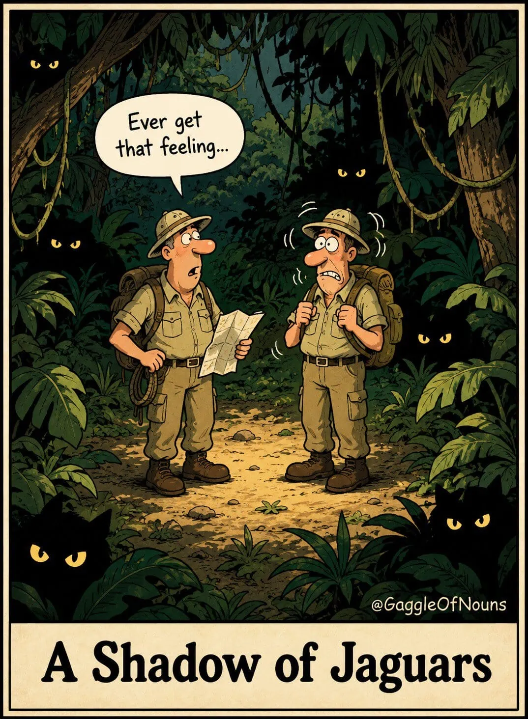 A Shadow of Jaguars cartoon showing nervous jungle explorers surrounded by hidden jaguar eyes in the shadows.
