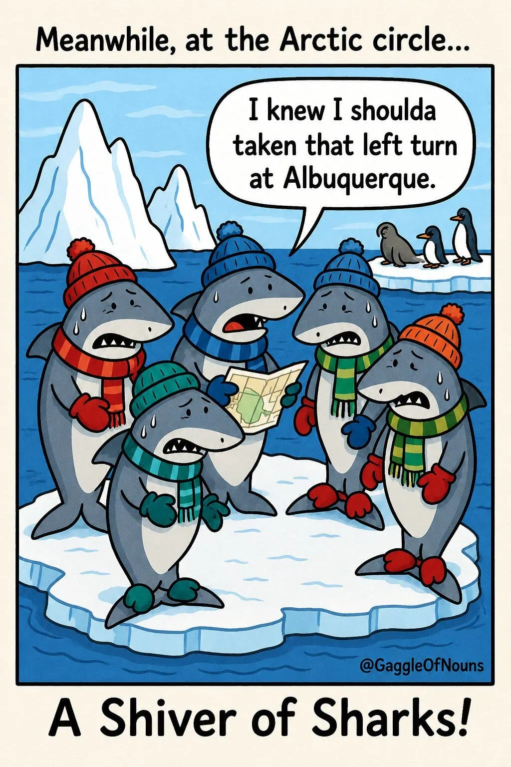 A shiver of sharks wearing winter hats, scarves and mittens while stranded on an Arctic iceberg.