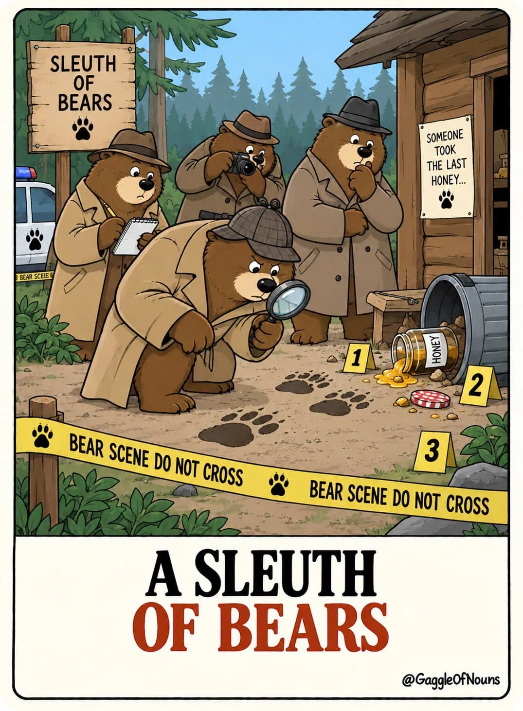 A cartoon sleuth of bear detectives investigating a crime scene after the last jar of honey was stolen.
