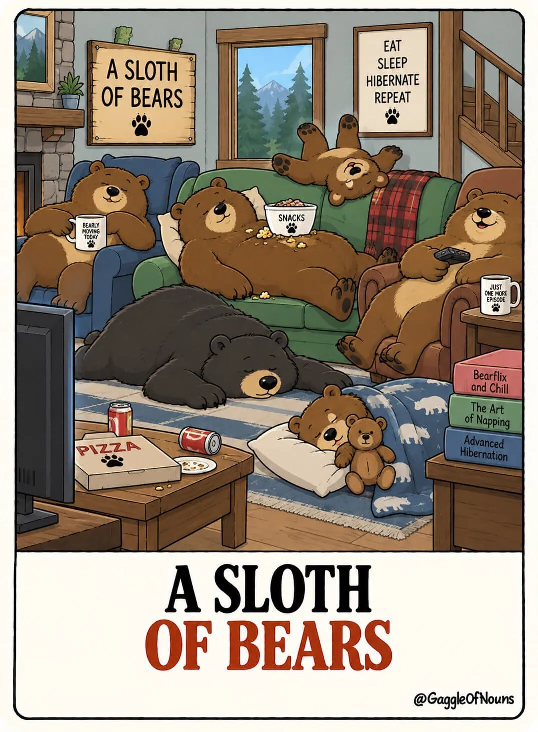A cartoon sloth of bears lounging around a cabin living room, sleeping, eating snacks and watching television.