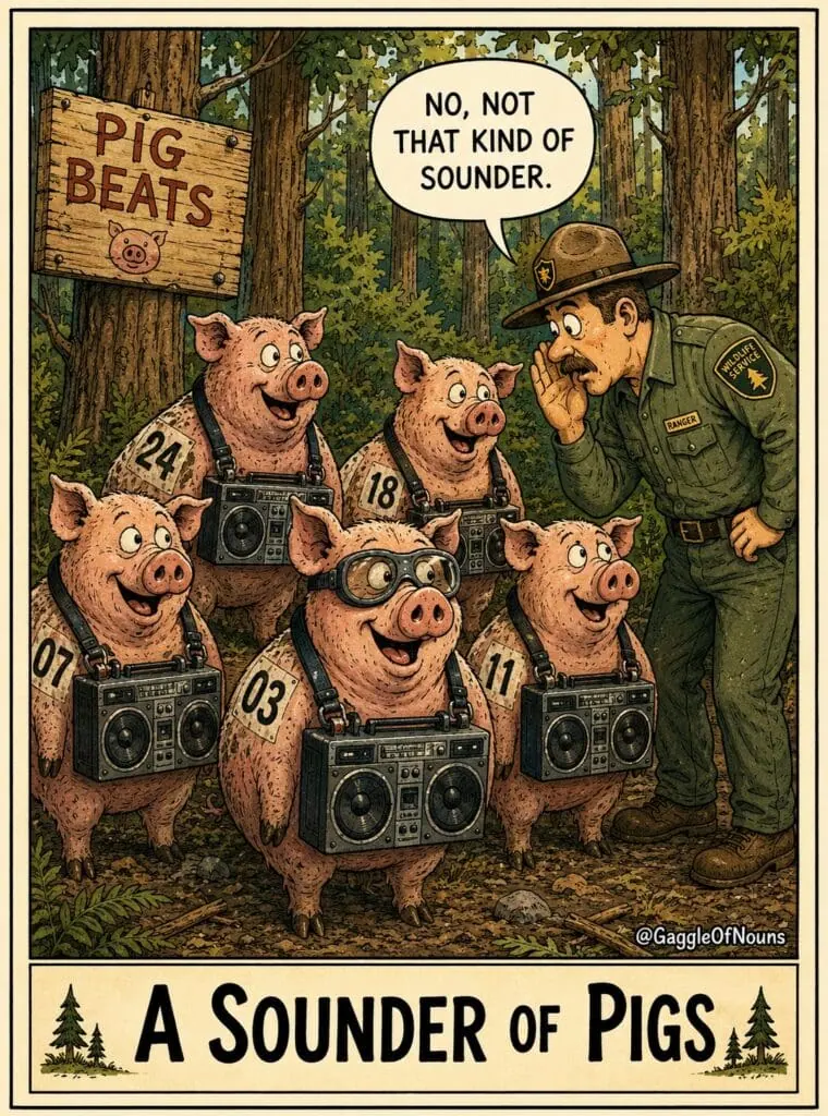 Cartoon illustration of pigs wearing oversized stereo speakers in a forest while a wildlife ranger says, "No, not that kind of sounder."