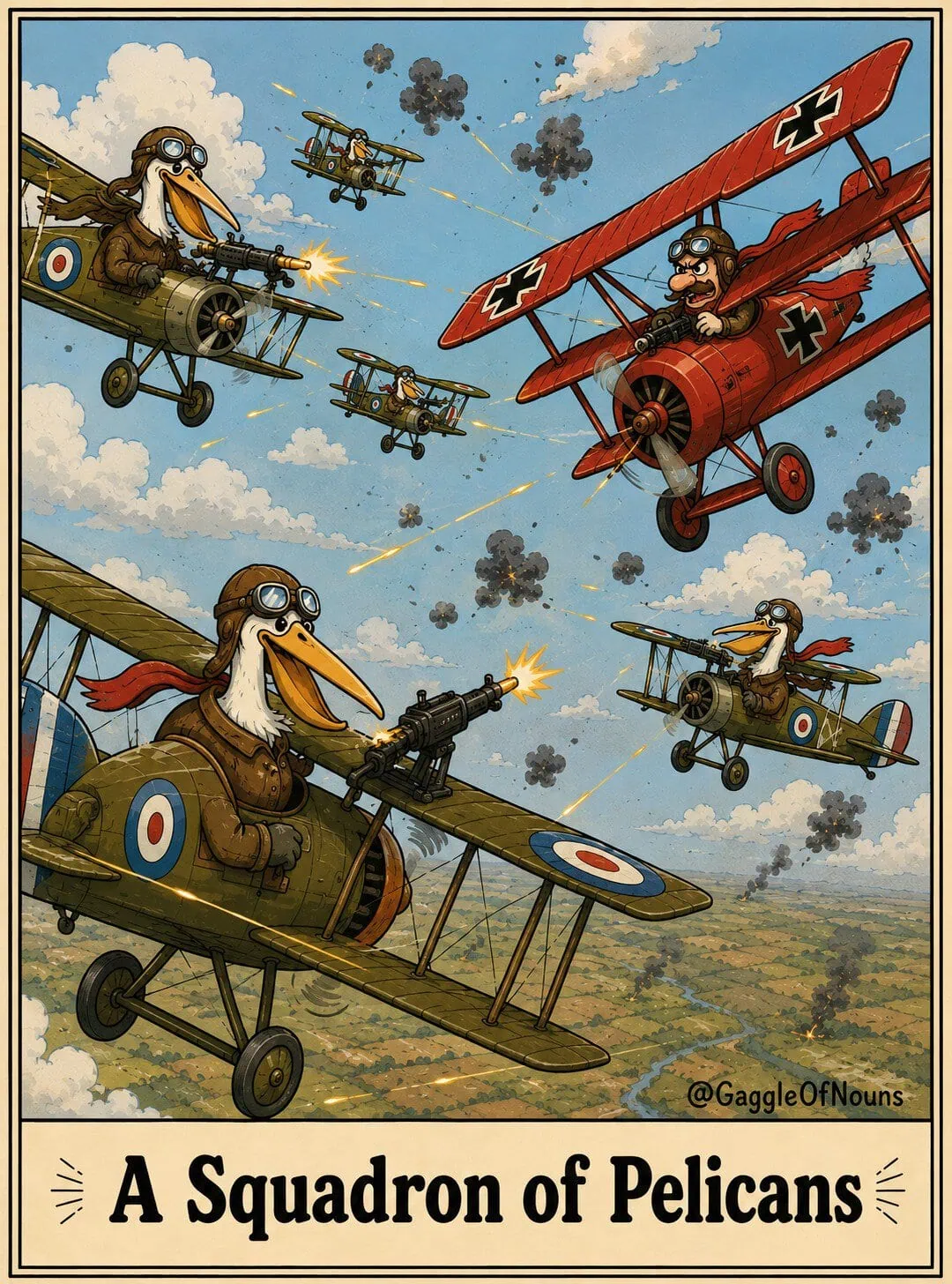 A squadron of pelicans flying World War I biplanes in an aerial battle with a red triplane.