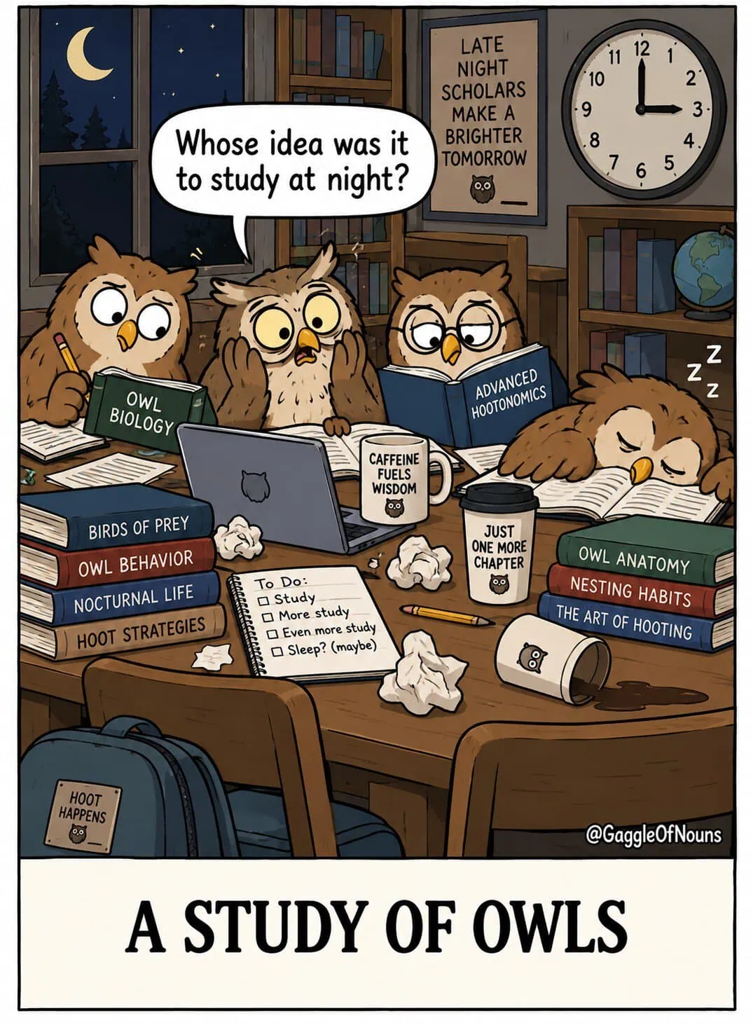 A Study of Owls cartoon showing exhausted owl students studying together in a library at 3 a.m.