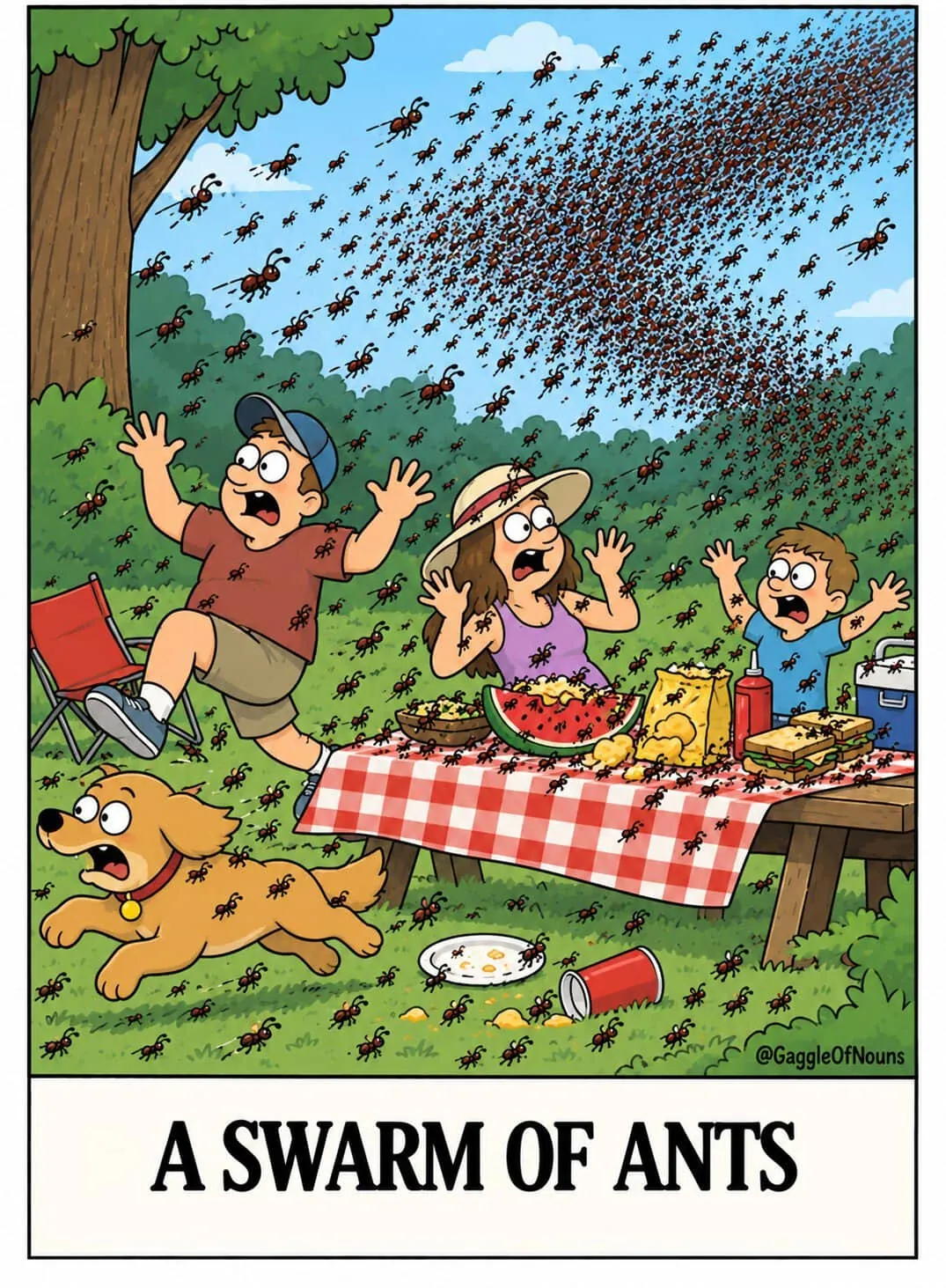 A Swarm of Ants cartoon showing a huge cloud of ants descending on a family picnic as the family and their dog flee in panic.