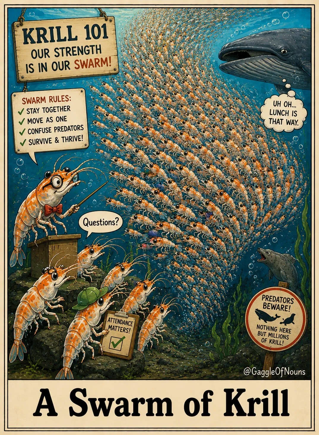 A massive swarm of krill moves together underwater while a hungry whale approaches the tightly packed group.