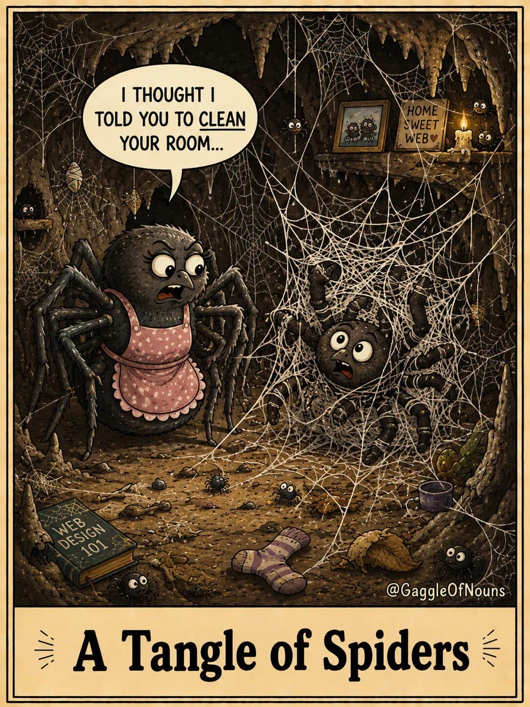 A young spider tangled in webs throughout his messy cave bedroom while his mother tells him to clean his room.