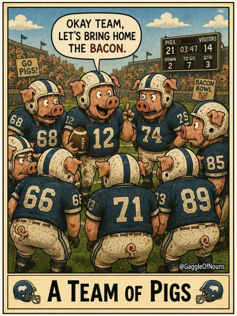 Cartoon illustration of a football team made entirely of pigs gathered in a huddle while the quarterback says, "Okay team, let's bring home the bacon."