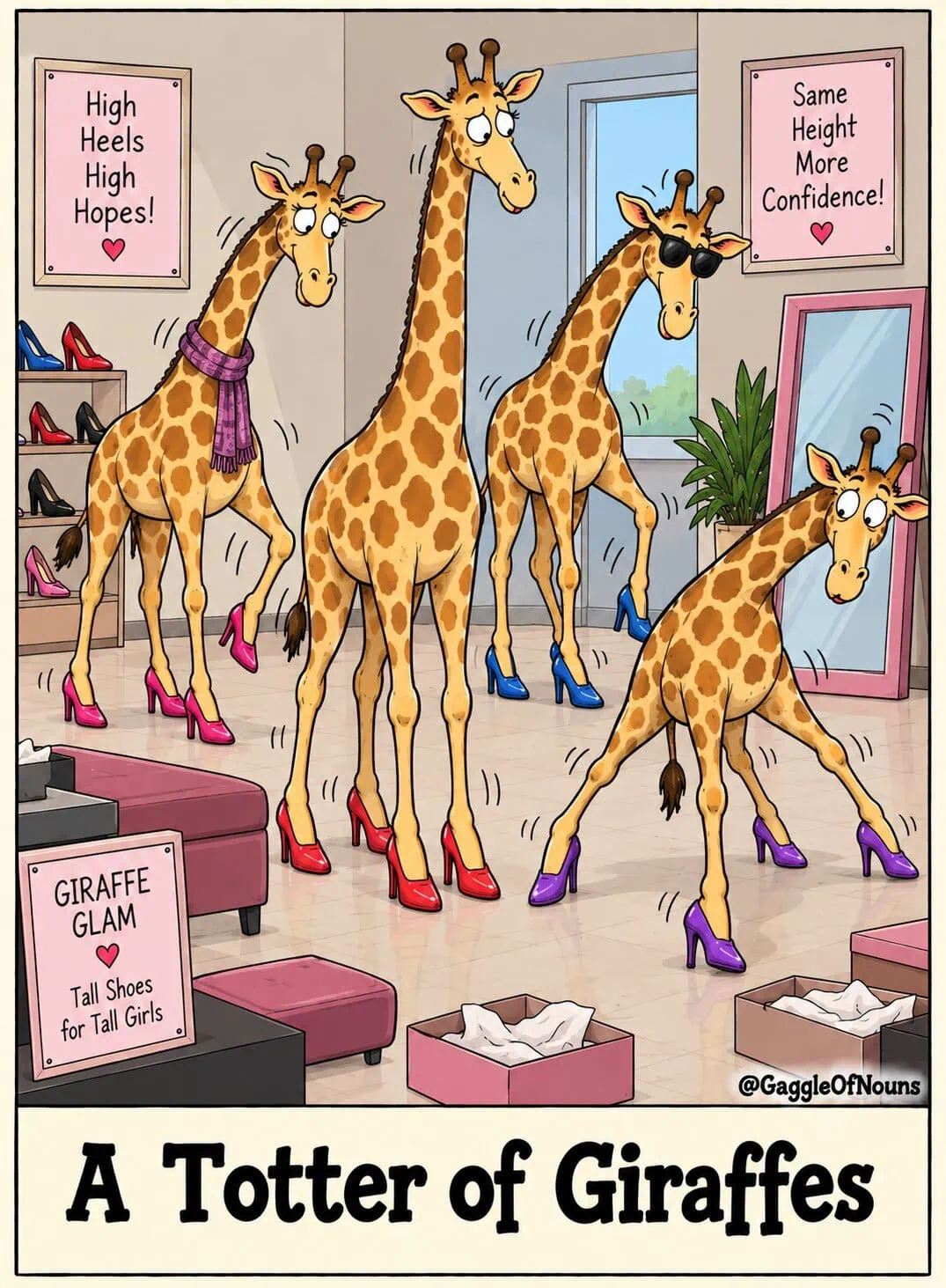 A totter of giraffes wobbling awkwardly in colorful high heels inside a shoe store.