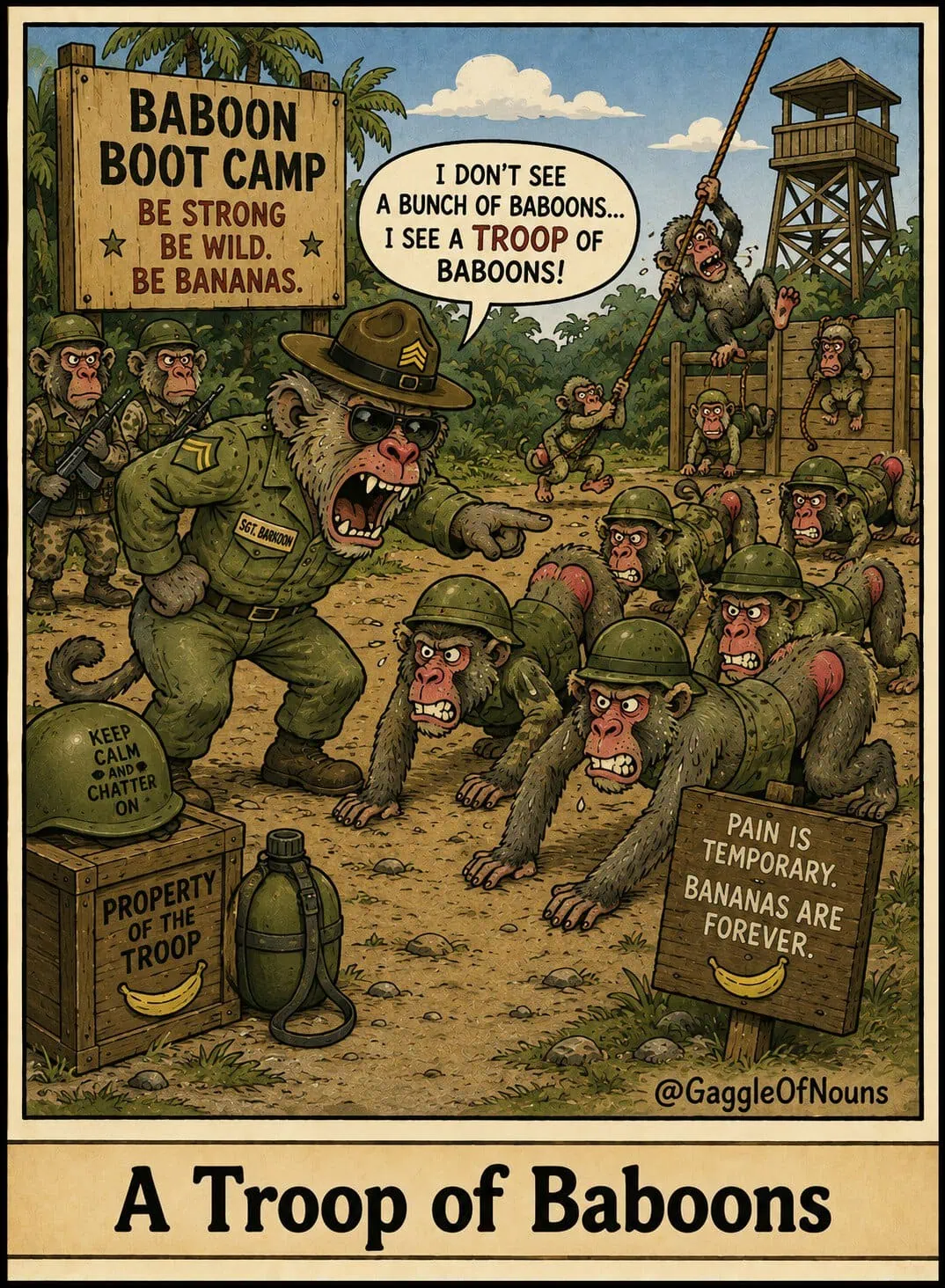 A troop of baboons dressed as soldiers standing together in a humorous military formation.