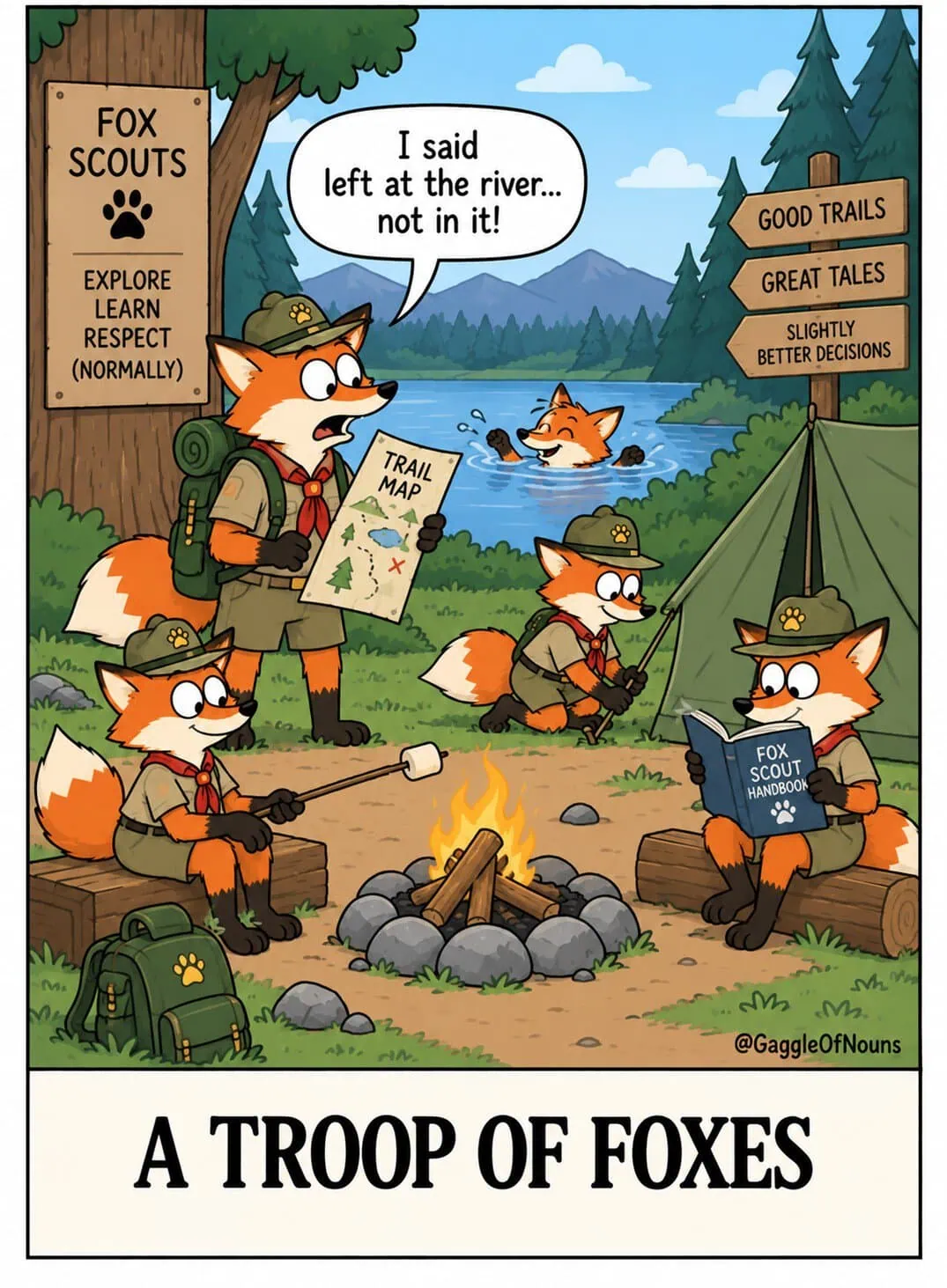 A Troop of Foxes cartoon showing fox scouts camping beside a lake, including one fox who accidentally ended up swimming in the river.