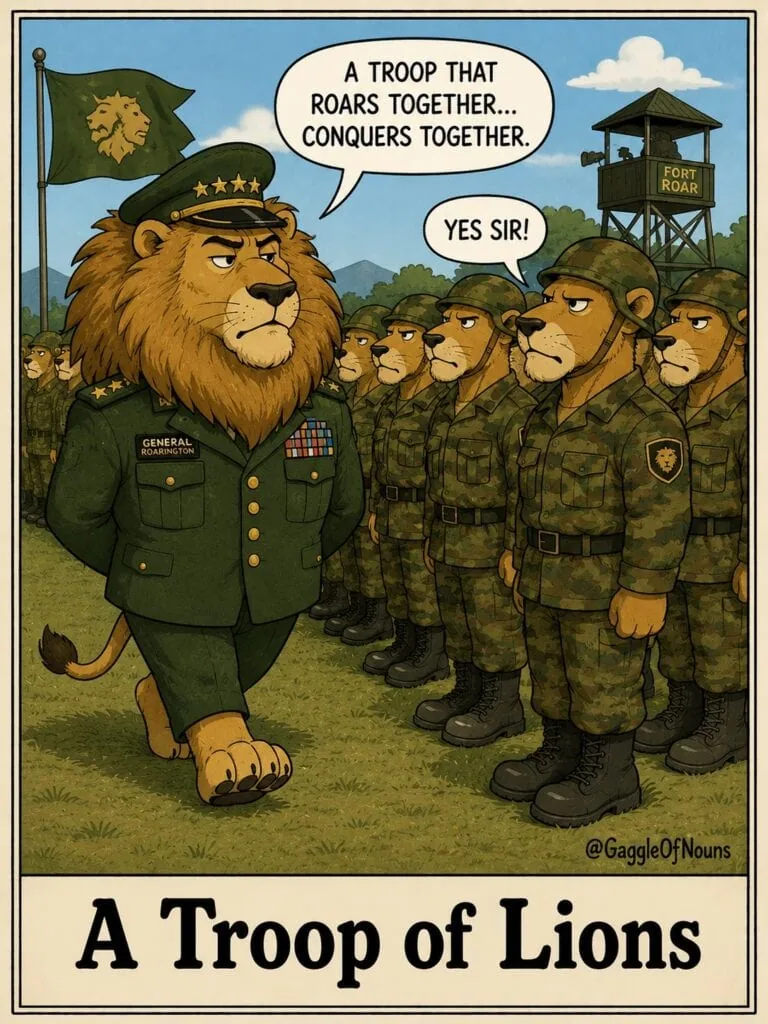 A troop of lions dressed as soldiers stands at attention while a four-star lion general inspects the ranks.