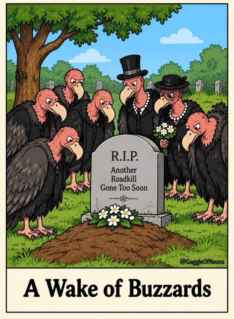 Cartoon of a wake of buzzards dressed as mourners gathered around a roadkill gravestone.