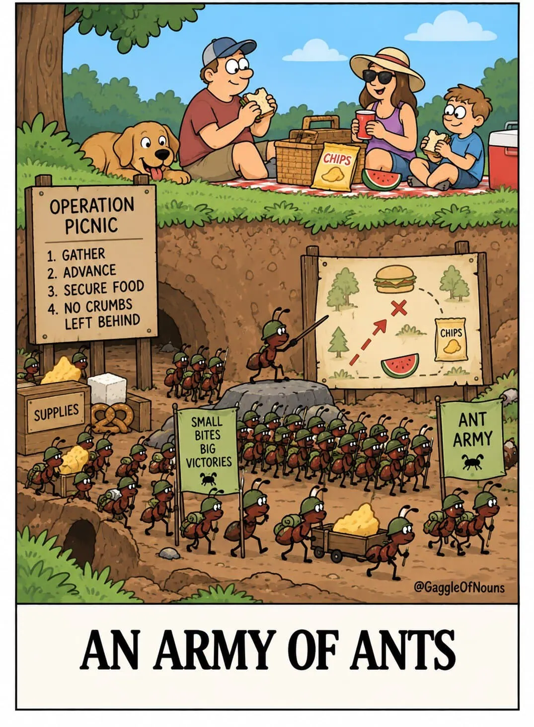 An Army of Ants cartoon showing a military-style ant force staging underground while an unsuspecting family enjoys a picnic above them.