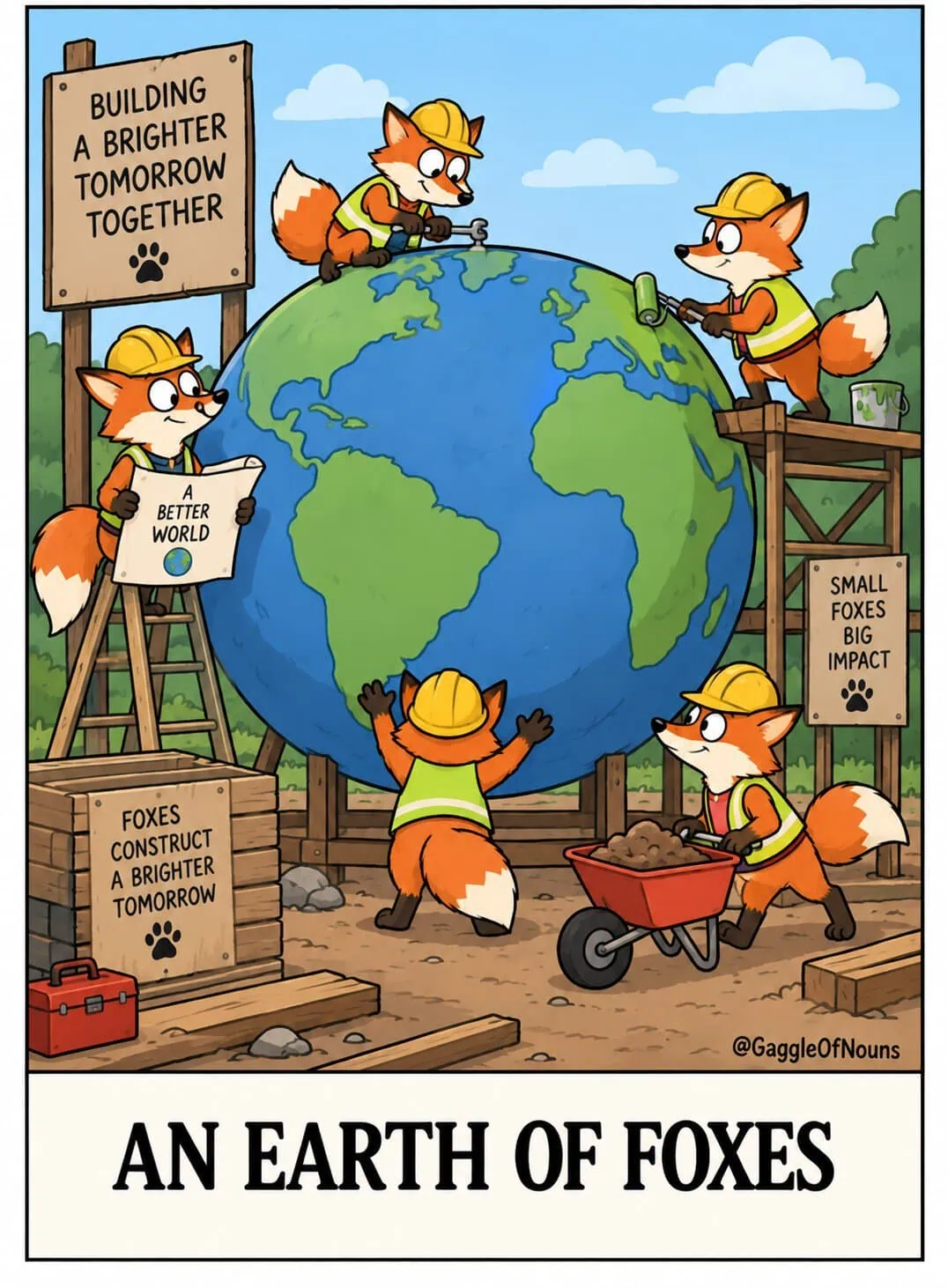An Earth of Foxes cartoon showing fox construction workers building and painting a giant globe.