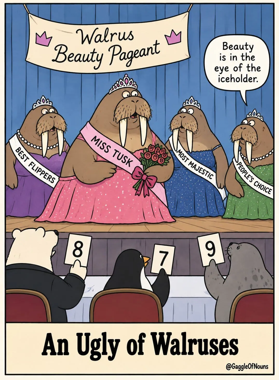An ugly of walruses competing in a humorous beauty pageant while animal judges hold up scorecards.