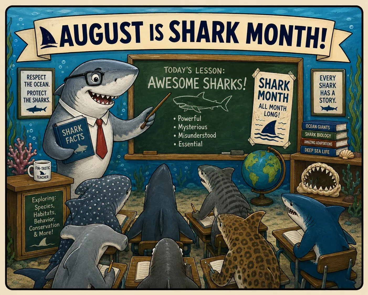 Cartoon shark classroom celebrating August as Shark Month with different shark species learning about sharks.