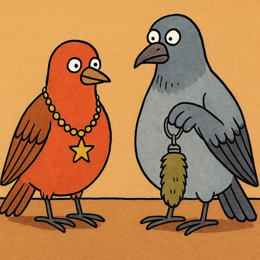 Two cartoon birds in a fun illustration: one wearing a charm necklace and the other holding a lucky rabbit’s foot.