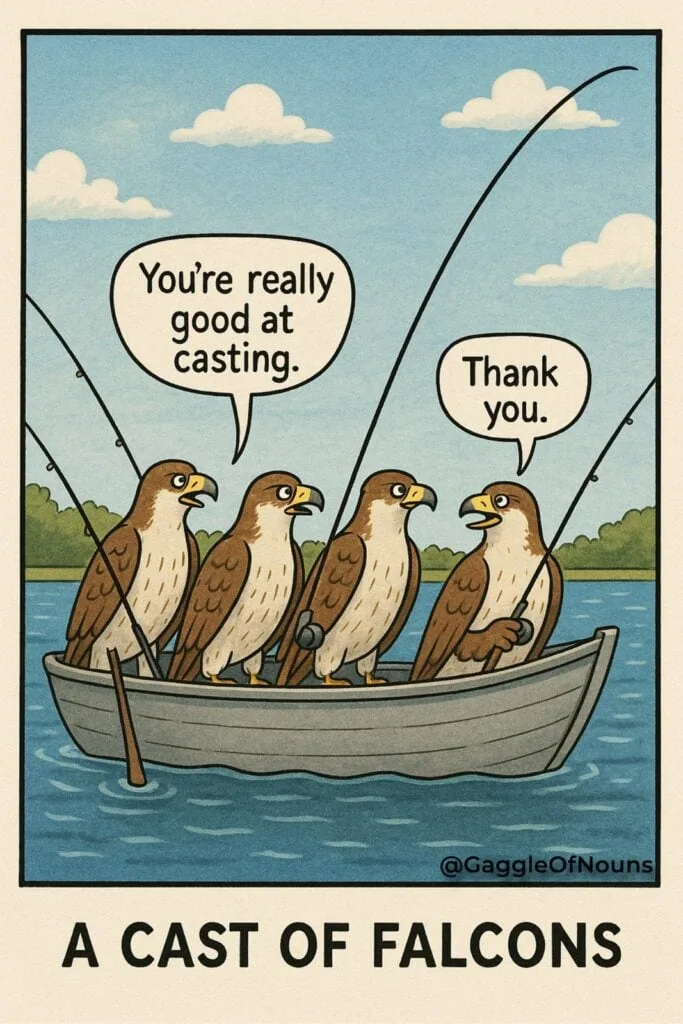 Cartoon illustration of a cast of falcons fishing together, illustrating the collective noun for falcons.